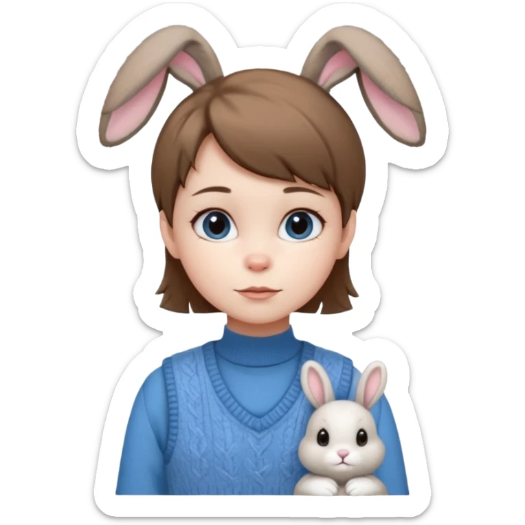 make a girl hair short and wear bunny skin pale ok and wear Sweater vests blue and make little bit a younger sticker