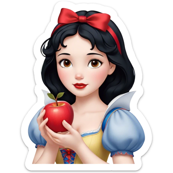 Cinematic Realistic Snow White Portrait, depicted with lifelike skin texture, soft natural lighting, and intricately detailed black hair styled with a red ribbon. Her soft brown eyes radiate innocence and kindness, complemented by a warm, gentle smile. She holds an apple in one hand, her other hand resting against her cheek, embodying her purity and charm. She is dressed in her classic yellow, blue, and red gown, the fabric rich in texture with delicate folds that catch the light beautifully. The portrait features a soft, natural glow with a radiant finish, capturing the essence of timeless beauty in a realistic and painterly style. sticker