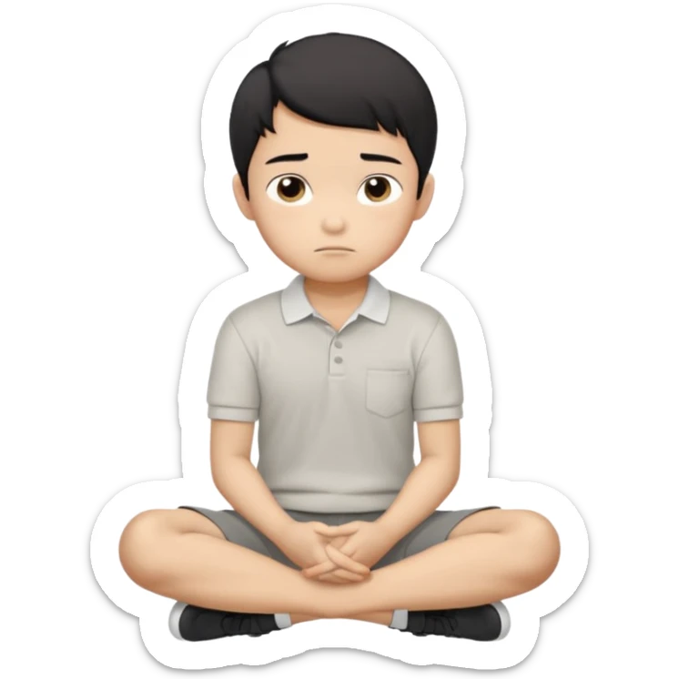 Cartoon Asian boy sitting cross-legged, clearly resting his closed fist against his cheek, looking thoughtful with a slight smirk. White polo, gray pants, black shoes, large eyes, short black hair. Clean vector style, flat colors, black background. sticker