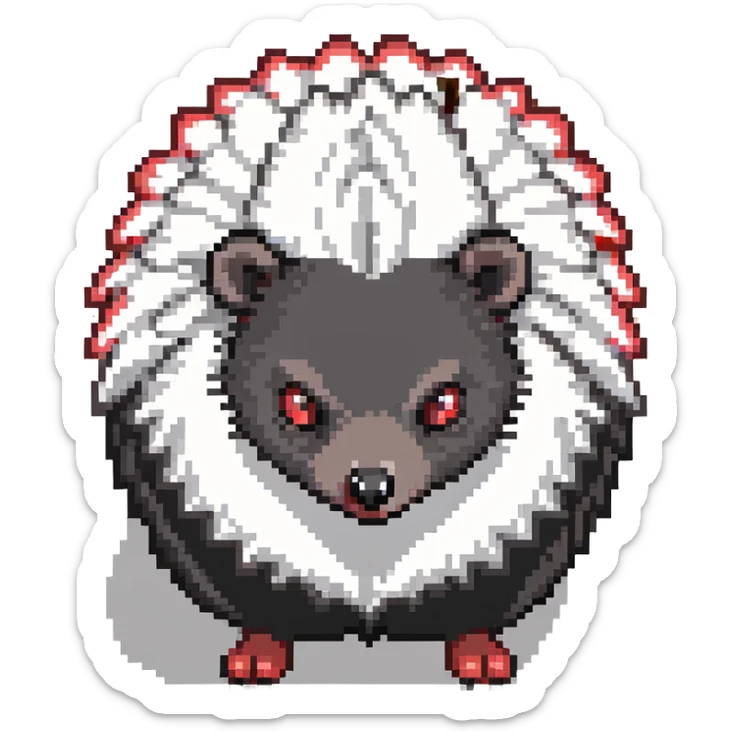 black hedgehog with red accents and white chest fur, defensive stance in a neon-lit industrial environment, metallic surfaces, intense expression sticker