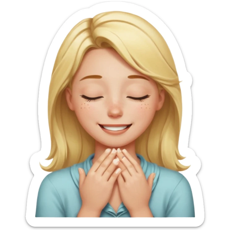 Happy blonde girl with eyes closed and mouth smiling and hands cupped around her neck sticker