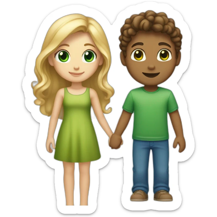 “blonde girl with tan skin and blue eyes” holding hands with “tan boy with long curly brown hair and green eyes” sticker