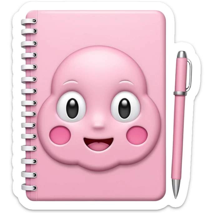 Pastel pink kawaii 3D notebook emoji, soft shadows, cute white details, glossy finish sticker