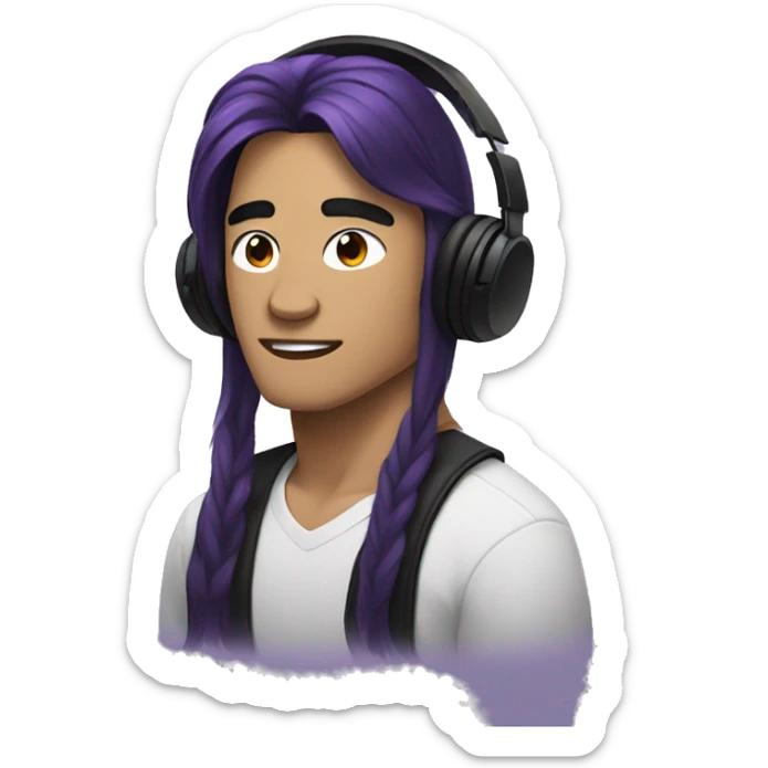 southeast asian guy with black headphones and an long black and purple hair sticker