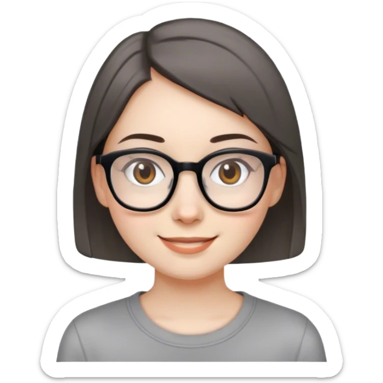 Girl, pale skin, glasses, brown eyes, dark hair, very short hair, straight hair, smile, gray shirt sticker
