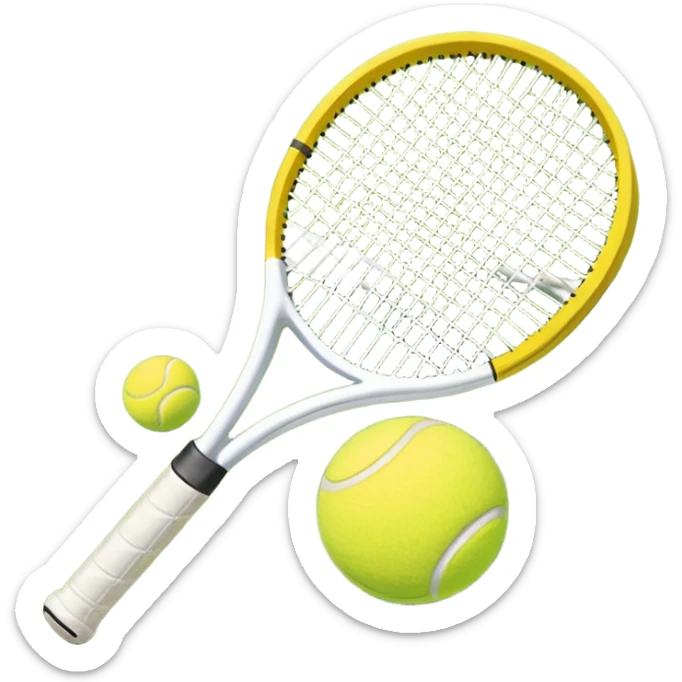 A tennis racket and ball on a grass or hardcourt surface, symbolizing the sport. The racket has a sleek design with tightly strung strings, while the bright tennis ball rests nearby, capturing the essence of precision, agility, and competition. sticker