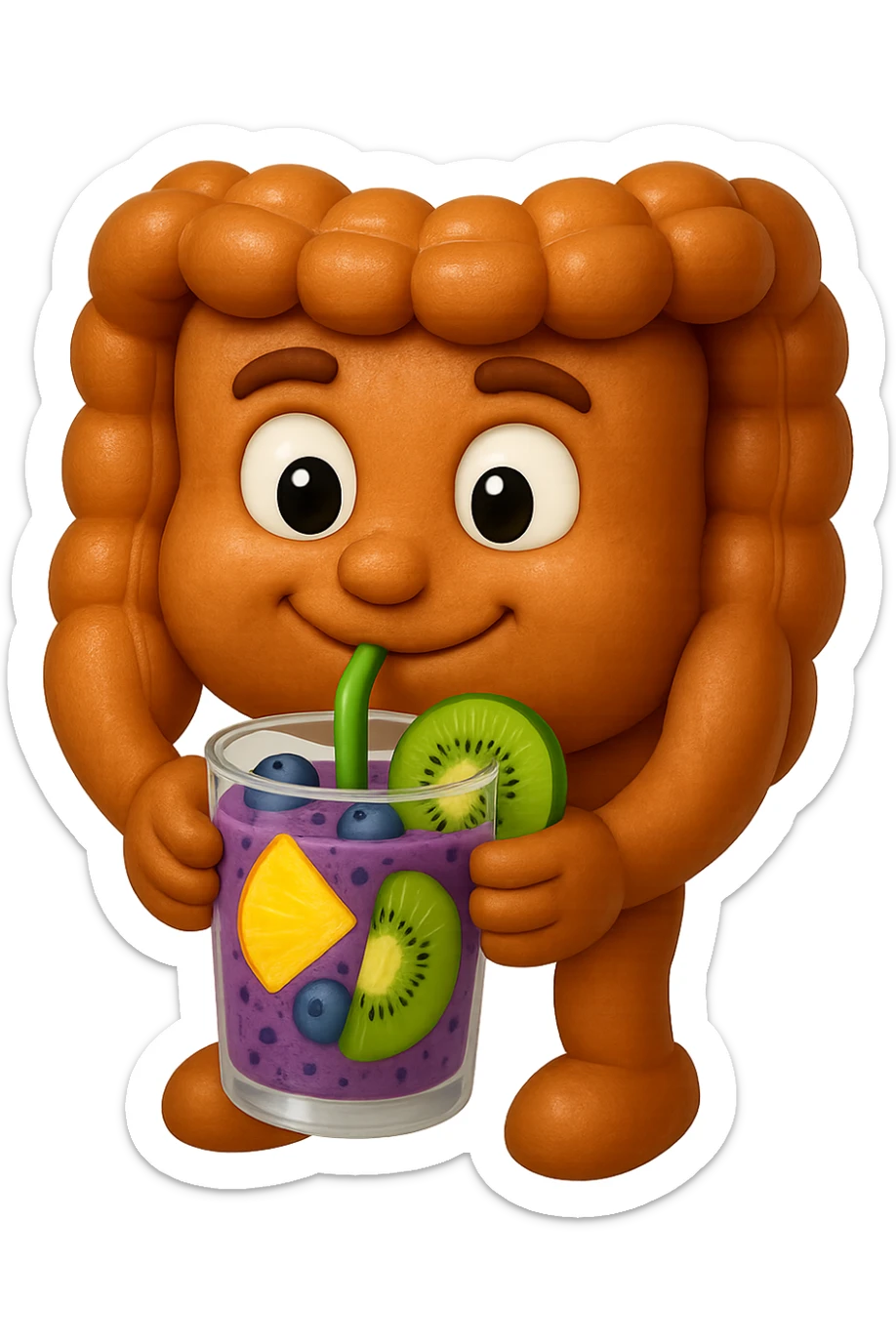 EMOJI STILE IPHONE DI un intestino umano anatomico che beve un frullato di mirtilli, ananas, kiwi, fagli anche la parte bianca degli occhi, non solo le pupille, REALISTICo 4K sticker