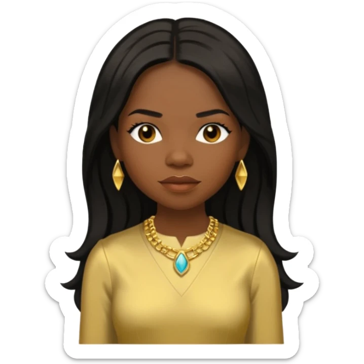 Michelle Williams from Destiny's Child with dark skin ,black long hair, gold outfit sticker