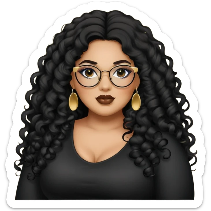 big plus size, latina, darker tan skin, long black curly hair, baddie,pretty, makeup, lipgloss, black eyeliner, long hair, small gold earrings, black top, black glasses sticker