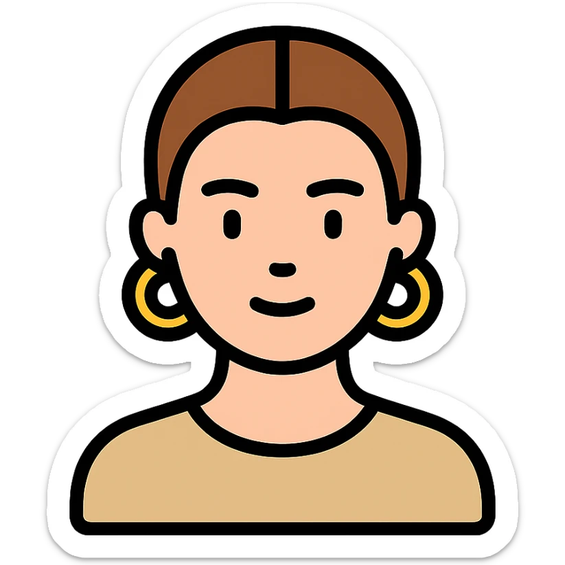 minimalist icon of a clean girl with slicked-back hair, gold hoop earrings, natural makeup, neutral background sticker