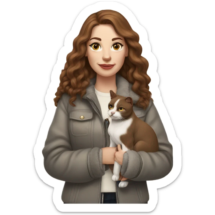 white woman with long brown hair and cat shaped eyes wearing a furry jacket standing alongside a black pitbull  sticker
