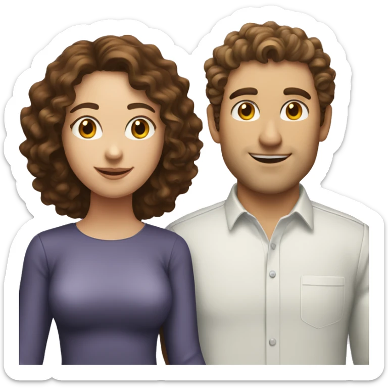 A woman that has brunette wavy hair with a guy that has brunette curly hair and white skin sticker