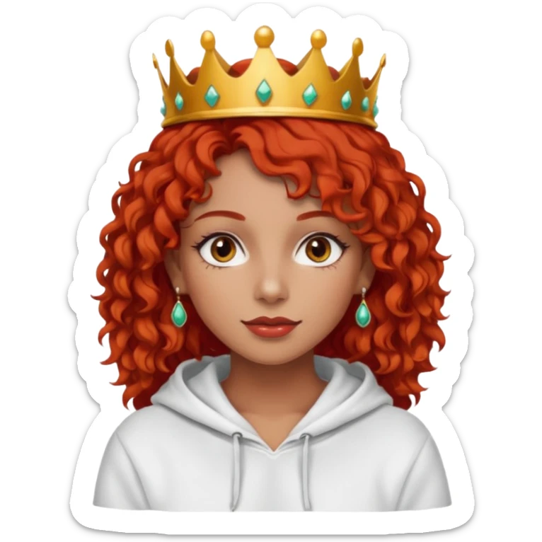 
Slim girl with a fine face, dark and tanned skin, medium-length curly tomato-red hair, dark eyes, medium-thick eyelashes, and a crown and earrings, wearing a white hooded sweatshirt. sticker
