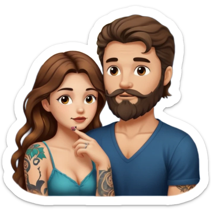woman with long wavy brown hair tattoos and bearded man, she holds his chin, close flirty stare, moonlight glow sticker