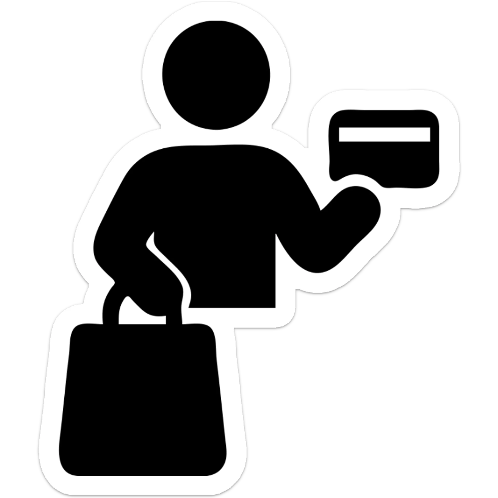 a person carrying a shopping bag and showing a credit card, flat icon sticker