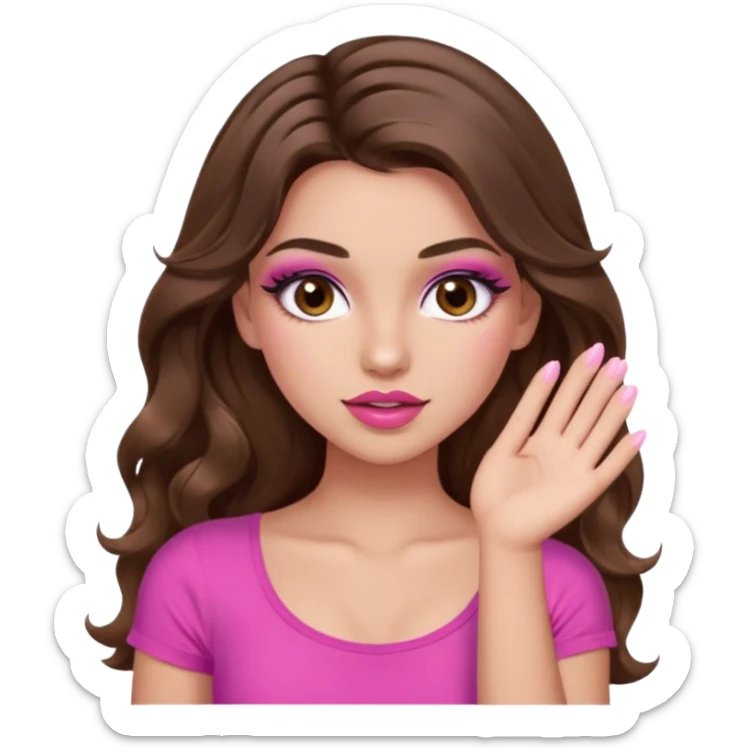 girl with long wavy brown hair, brown eyes, long lashes makeup, sexy pink lips, light to medium complexion, pink sexy top,slapping sticker