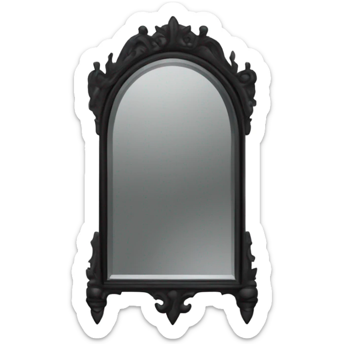 "A Victorian-era Gothic mirror with a black frame, gray-tinted glass, and a red ruby accent."
 sticker