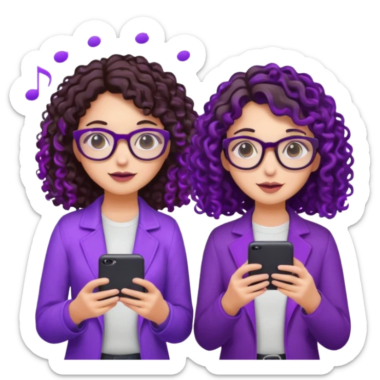 You can create two girls enjoying a concert, one brunette with purple highlights, the other brunette with curly hair and glasses. With purple lights around them.   sticker