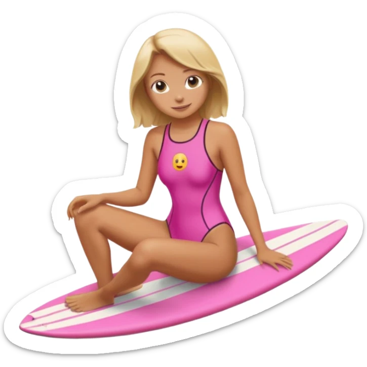 surf girl sitting on a board, pink one-piece swimsuit, relaxed, emoji style sticker