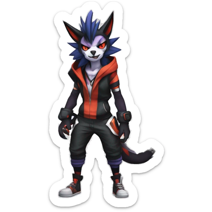Cool Anthro Black Noivern-Absol-Litten-Pokémon with edgy stripes hoodie spiked collar punk Full Body sticker