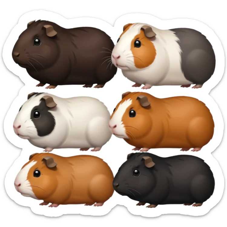 a group of 8 guinea pigs 2  big and creme colour 2 big and black 1 small black white and brown 1 small black and brown 1 small white and 1 small creme  sticker