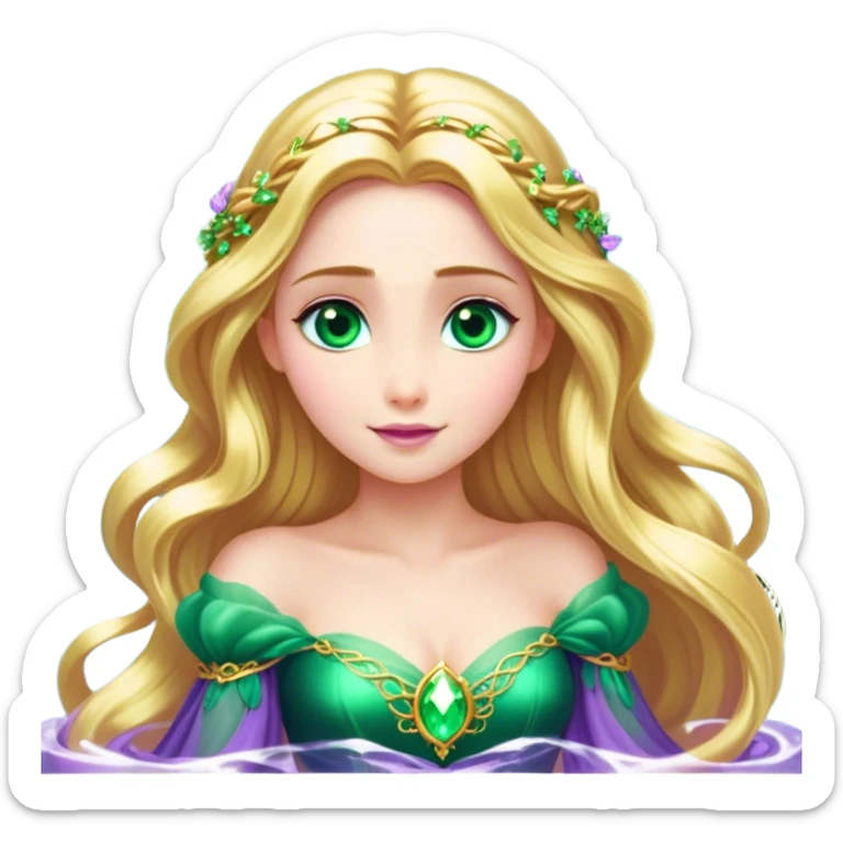 Cinematic Stunning Rapunzel Portrait Emoji, Golden hair cascading in a luminous waterfall, big emerald-green eyes full of wonder, wearing her iconic purple gown, radiating beauty and magic, glowing with fairy-tale charm! sticker