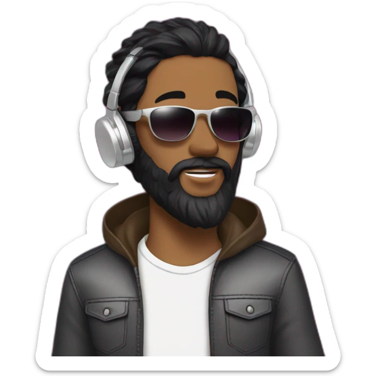 A stylish boy wearing headphones and sun glasses and in background music waves black hair black beard new trending look sticker