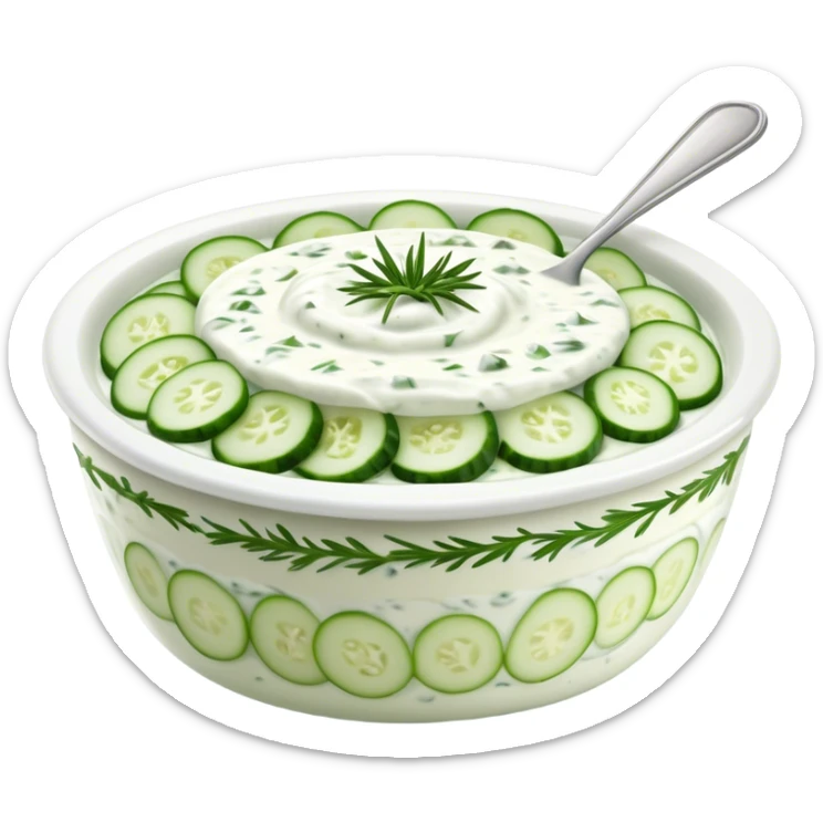 Cinematic Realistic Tzatziki Dish Emoji, featuring a creamy, tangy yogurt sauce with cucumber and herbs rendered with soft textures and cool, refreshing lighting. sticker