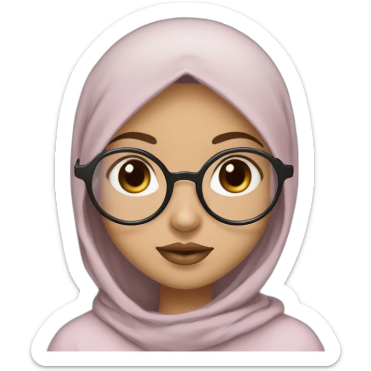 Hijab black color white fair skin girl brown eyes wearing round circular metal glasses, no make up, big cheeks, almond eyes, small pink lips, triangle nose sticker