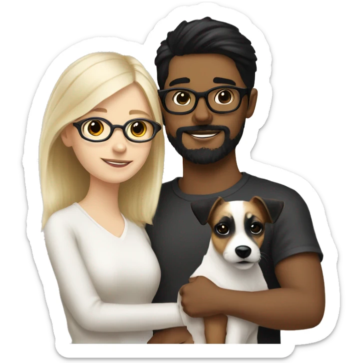 A White blonde girl and a white boy with black hair, glasses, a little Beard and moustache, both cuddling a jack Russell sticker