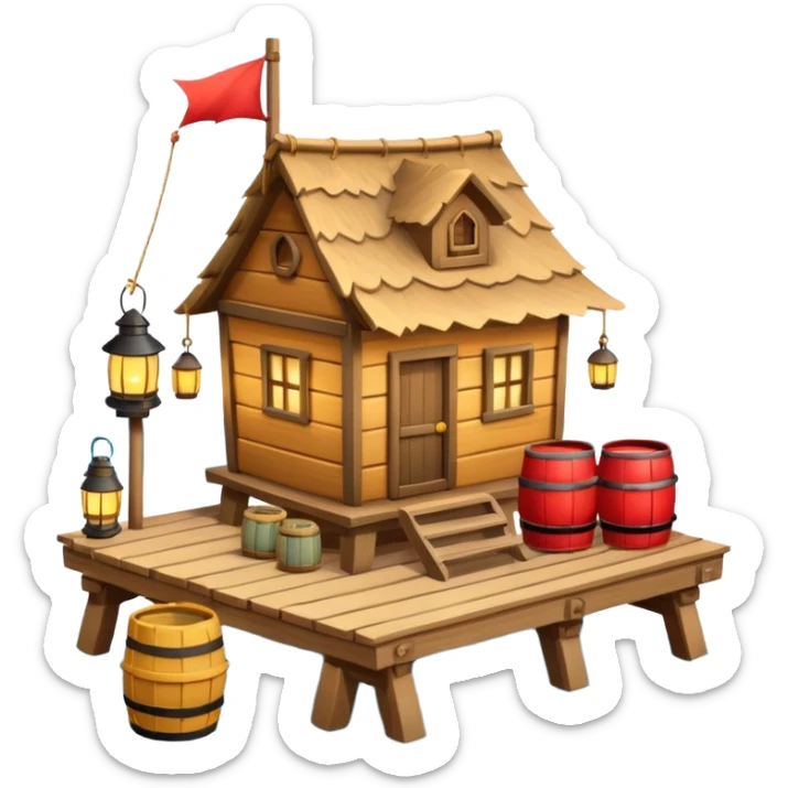 
fisherman house on a wooden pier, small dock, fishing nets hanging, barrels, lantern, ocean vibe, 3D cartoon, cute mobile game icon, clean background, no text
 sticker