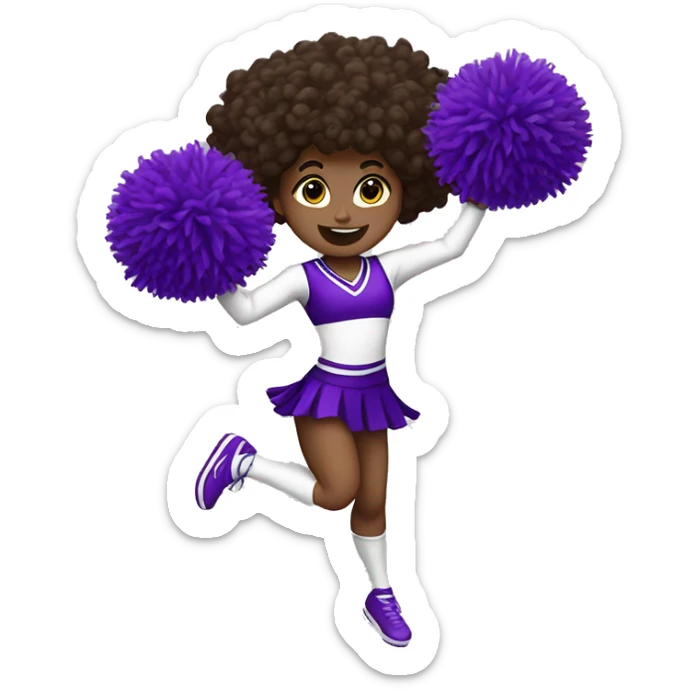 Caucasian cheerleader with dark brown curly hair, jumping and holding up two purple Pom poms, small full body emoji sticker