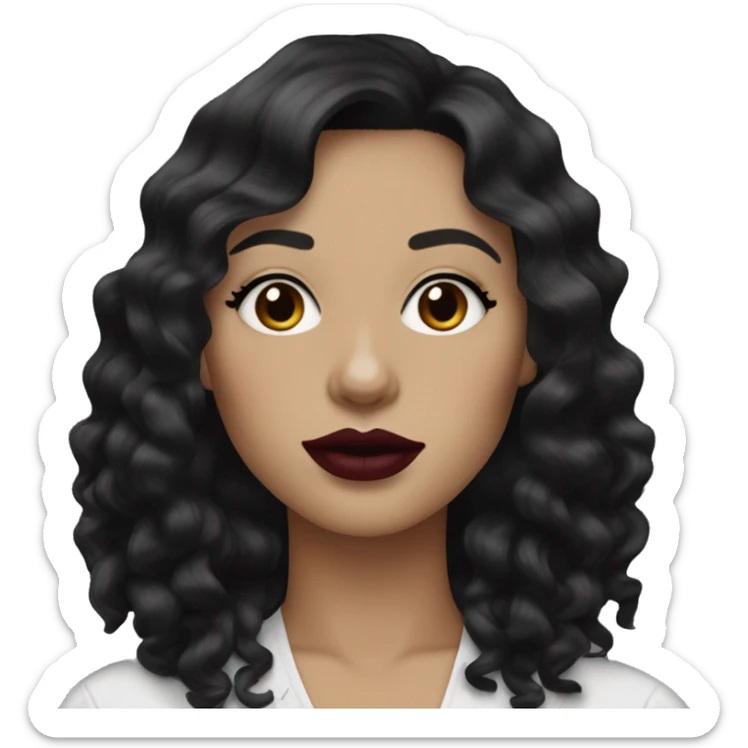 One woman black wavy hair, curtain bangs, white skin and burgundy lips sticker