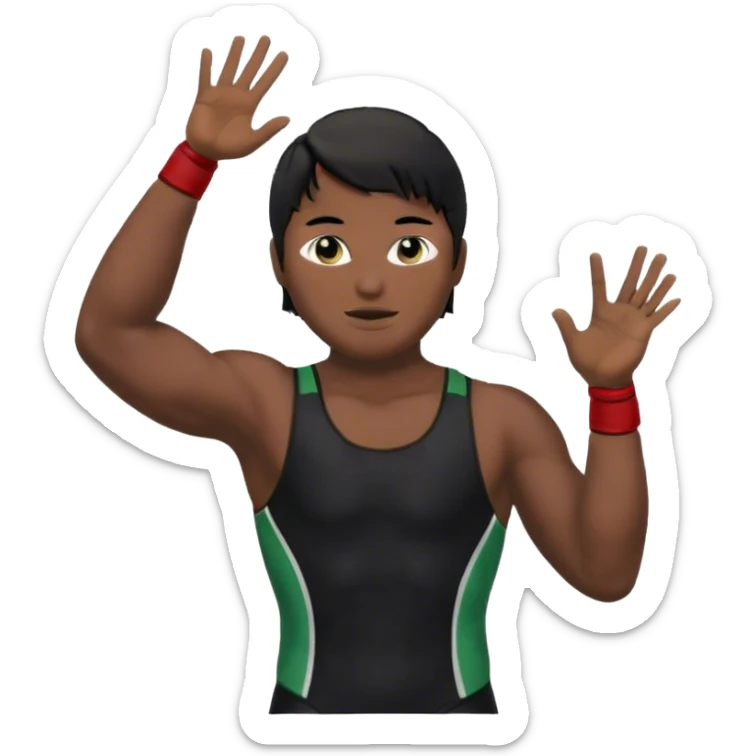 Wrestler with laurel wreath on head, right hand is up, black hair, black eyes, black wrestling suit with fit body sticker