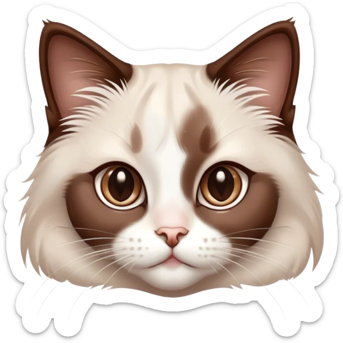 Cinematic Adorable Chocolate-Point Ragdoll Cat Portrait Emoji, Head tilted cutely with big, sparkling eyes, sleek brown and white tones with a sweet white nose, Simplified yet irresistibly adorable features, highly detailed, glowing with a soft, warm glow, high shine, affectionate and playful, stylized with a touch of whimsy, bright and endearing, soft glowing outline, capturing the essence of a curious and loving kitten, so cute it feels like it could leap out of the screen and snuggle up for a cuddle! sticker