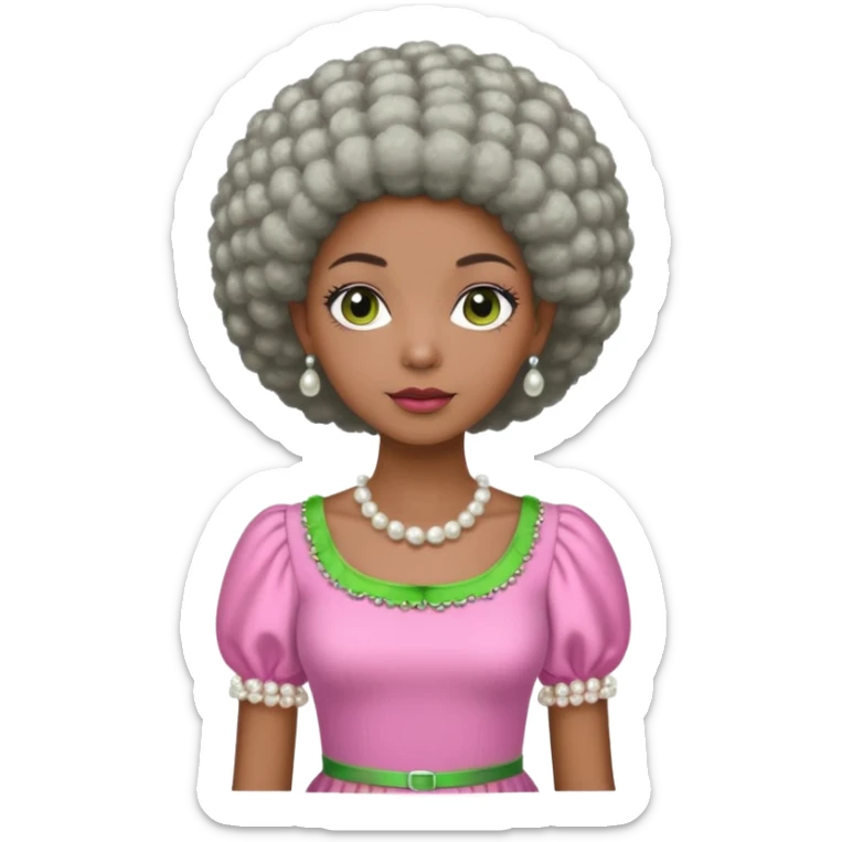Pretty Brown woman with a very very short stylish gray Afro  wearing pink and green dress  and pearl blouse with sleeves sticker