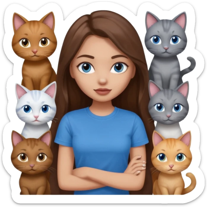 a pretty bratz dusky light skin girl with long brown hair, blue eyes with six cats nd wearing a grey tshirt sticker