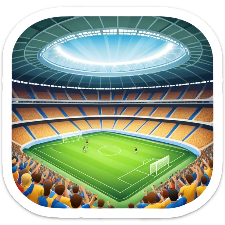 An icon showing a large, beautiful indoor stadium with soccer players on the field, actively playing. Fans cheer from the stands, creating a vibrant and energetic atmosphere. Bright lights shine down on the action, symbolizing the excitement of live sporting events. Transparent background. sticker