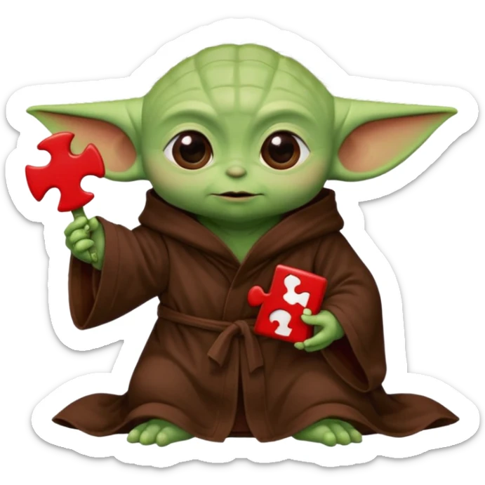 Baby Yoda con su tunica clasica chocolate sosteniendo una pieza de rompecabeza color rojo que diga Valores sticker