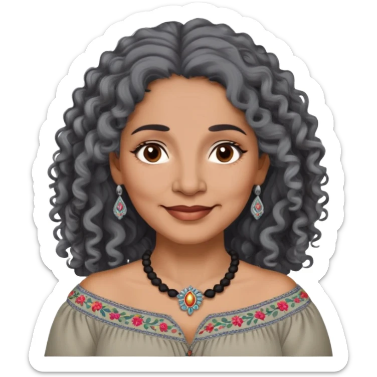 Latina woman, about 55 years old, dark warm brown skin, round soft face, long curly black and gray hair, no headband, medium eyes, thin eyebrows, gentle smile, gray peasant blouse with embroidery, bare shoulders, large dark necklace sticker