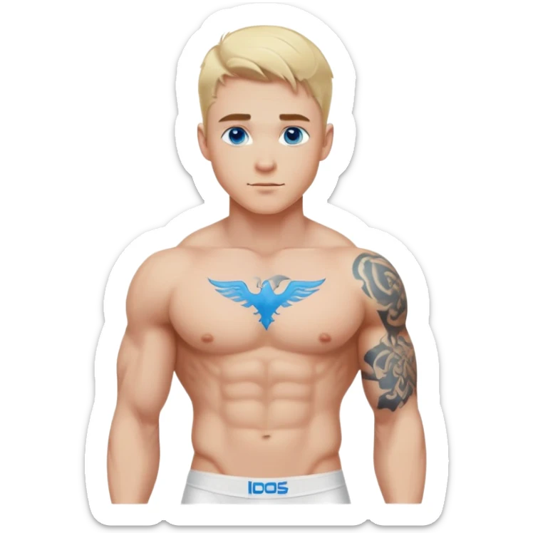 Handsome blonde hair and blue eyes military white guy with body tattoos in underwear sexy pose sfw sticker