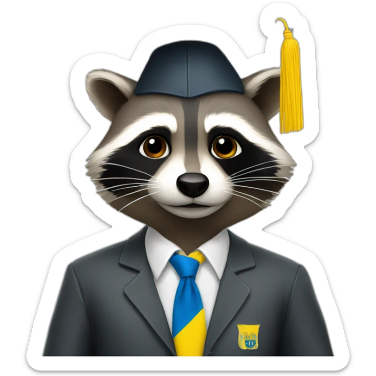 A raccoon student in a suit in the color of the Ukrainian flag in a square academic cap sticker