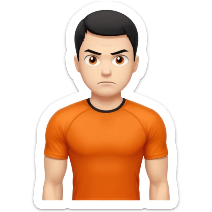 Mach mir einen unglücklichen typen der im gym trainert und viele muskeln hat mit einem orangen sport thshirt und schwarzen kurzen haaren sticker