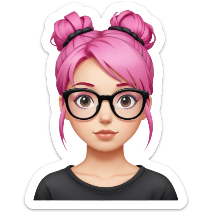 Girl with pink hair in a messy bun and big square black glasses sticker