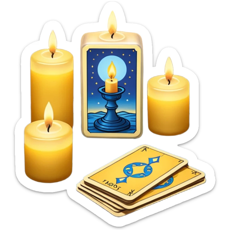 A blue deck of tarot cards and a one candle nearby sticker