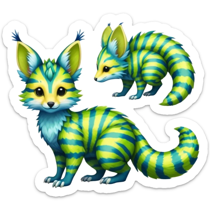 Feral Rare Fantasy vibrant tropical Vernid-Trico-species by LiLaiRa, random markings, tufted tail, tufted ears, full body sticker