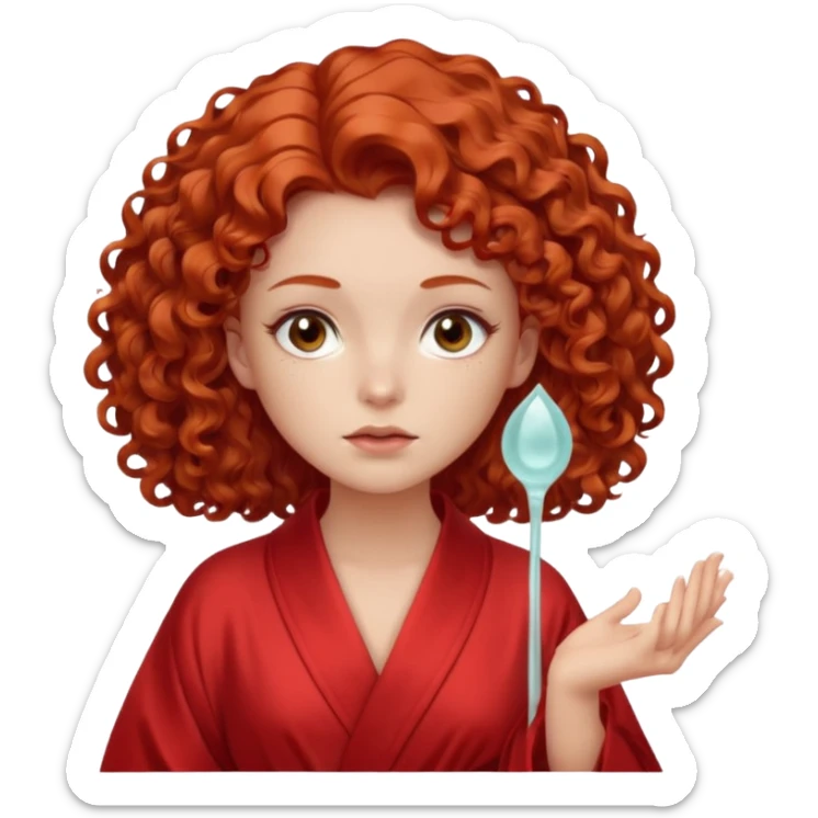 Cartoon emoji of a girl with voluminous curly red hair, fair skin, warm brown eyes. Wearing a chic milky silk robe with long sleeves, no makeup. Portrait mode, holding a gua sha, looking doubtful and unsure. Smooth, simple, stylized." sticker