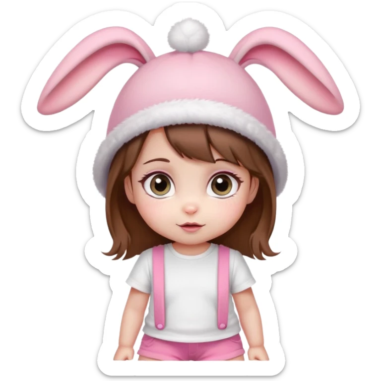 Cute emoji baby girl with big eyes, brown hair, bunny ear pink hat, white t-shirt and pink shorts. sticker