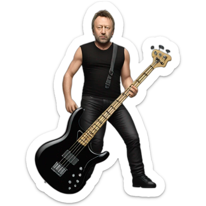 photo realistic Peter Hook, in 1979, playing a Yamaha black bass guitar, standing, full body, front view sticker