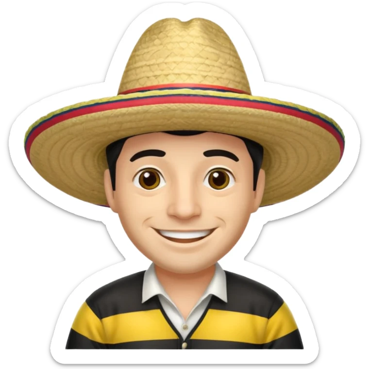 A happy fair skinned Colombian man wearing a Colombian sombrero that has black horizontal stripes sticker